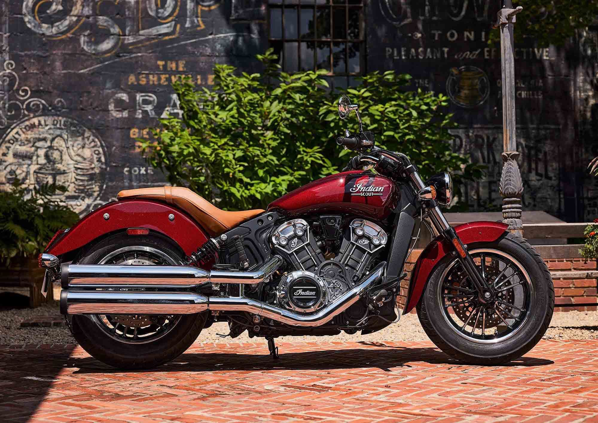 For 2023, the Indian Scout keeps its 69ci liquid-cooled V-twin, but adds two-tone Spirit Blue Metallic, Silver Quartz Metallic, and Red Orange Metallic color options; all three are priced at $15,649 with ABS. Silver Quartz Metallic returns ($14,649 with ABS) while Maroon Metallic is also new ($14,649 with ABS). For the base-model (non-ABS) Black Metallic, MSRP is $13,249 ($14,149 with ABS).