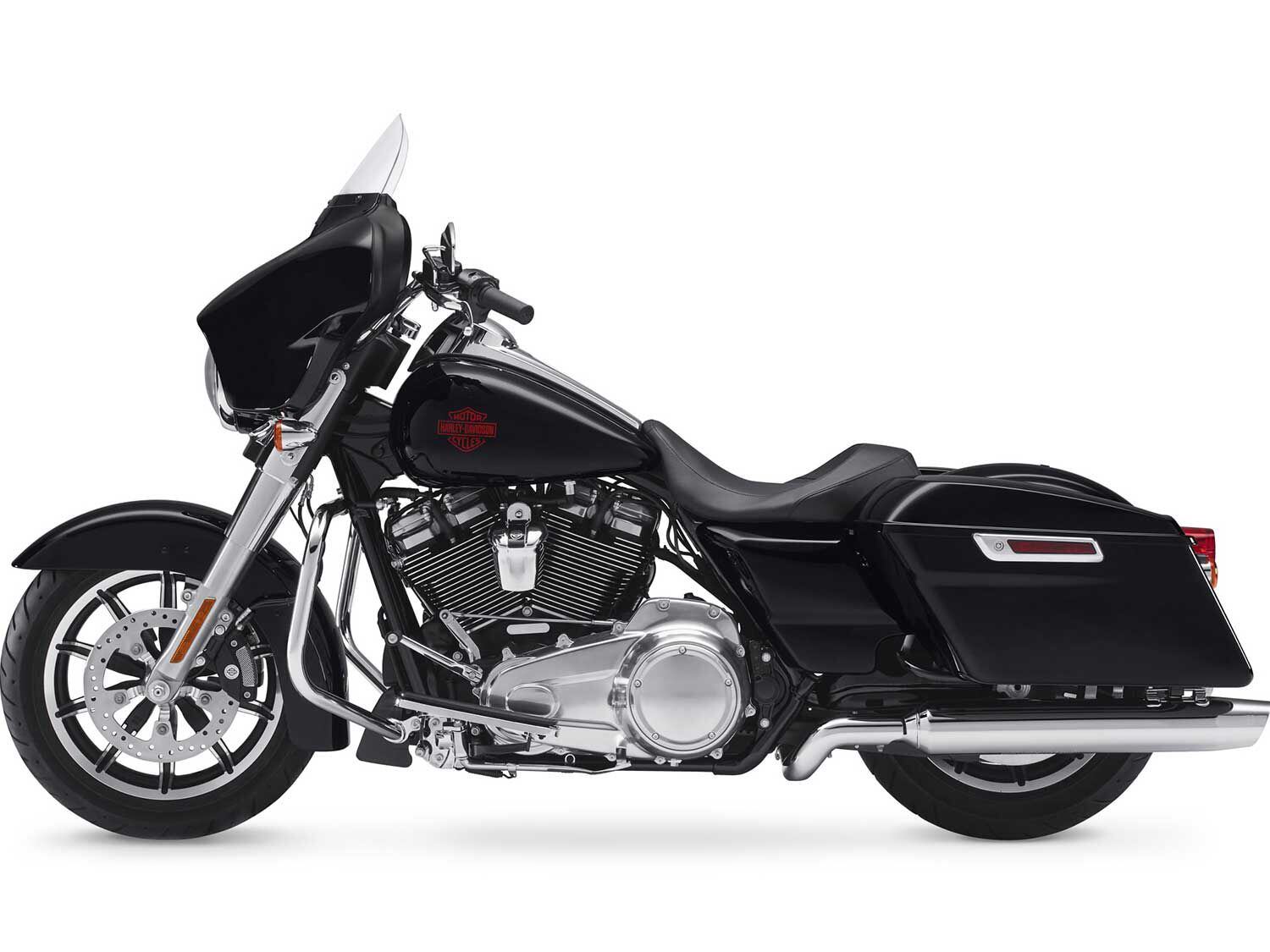 The E-Glide Standard gets blacked out parts contrasted by distinctive chrome accents and polished covers.