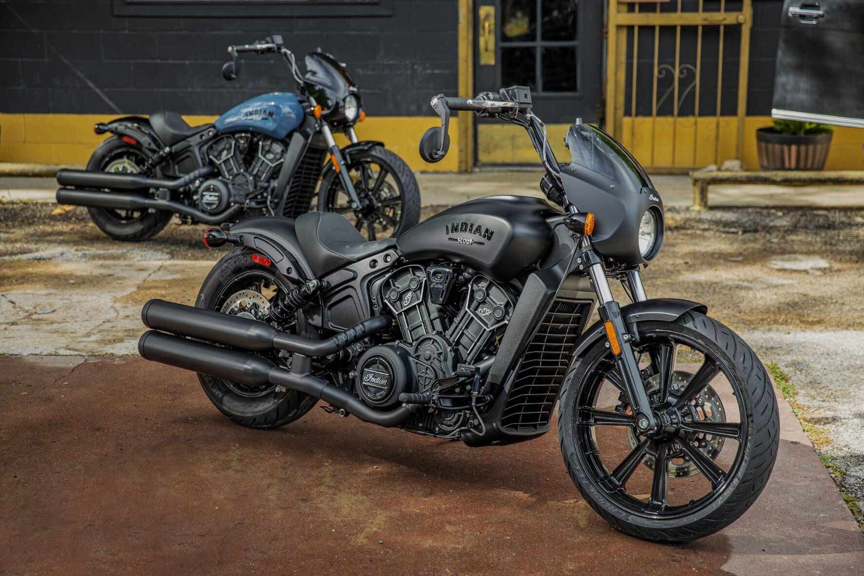 The 1,133cc Scout Rogue carries on with its combination of 19-inch front wheel, mini-ape handlebars, and quarter fairing for 2023, making it a more aggressive alternative to the standard Scout. The Rogue models are priced lower than their standard Scout brothers this year, with the base big Rogue starting at $12,749 in black and going up to $15,149 in Copper Metallic with ABS. The Rogue can also be had in Black Smoke, Storm Blue (in the background here), and Sagebrush Smoke ($14,149 with ABS), or Black Azure Crystal and Stealth Gray for $15,149 (ABS).