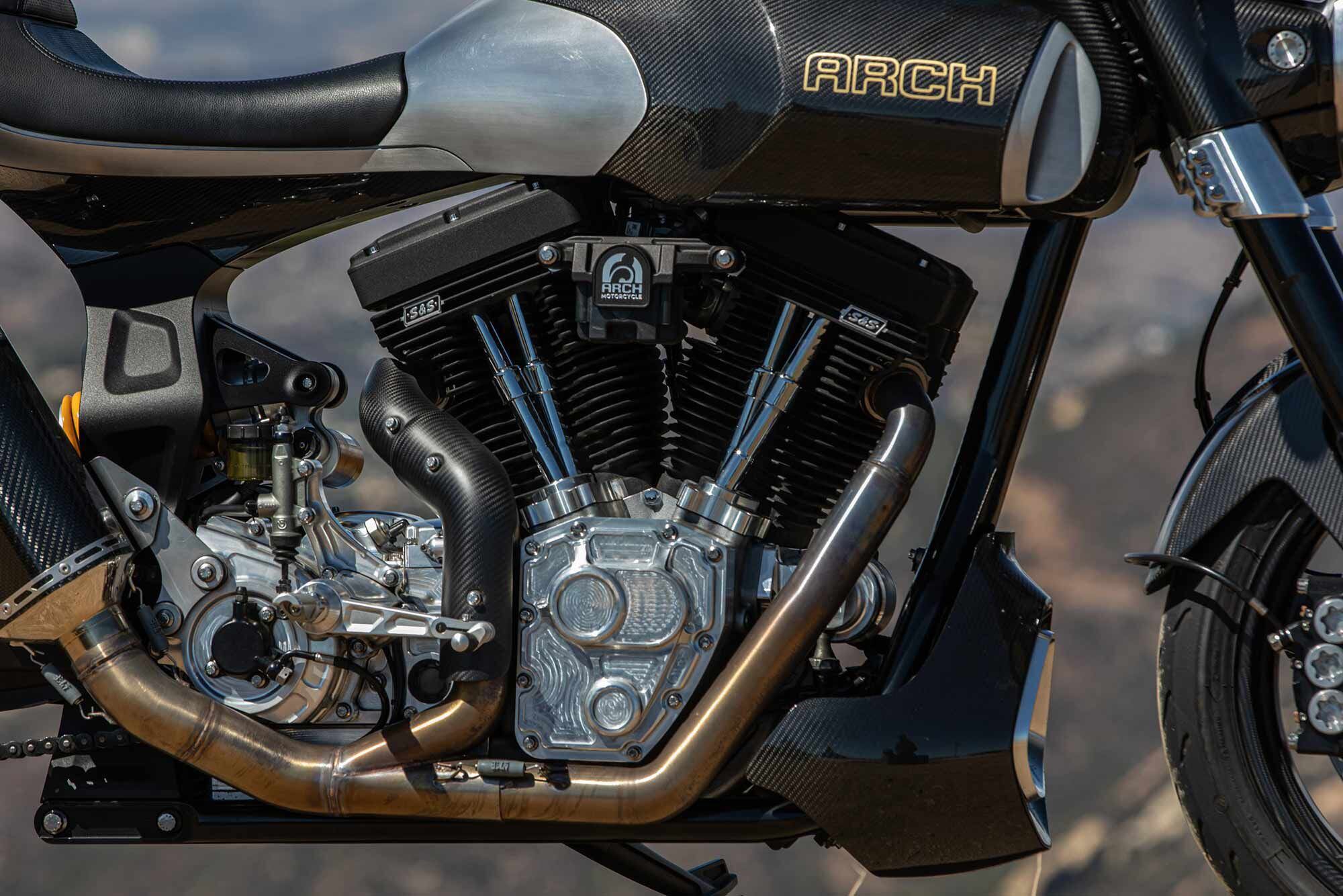 The 1s carries over the Arch-designed 2,032cc S&S engine unchanged from the KRGT-1 spec, from what we can glean.
