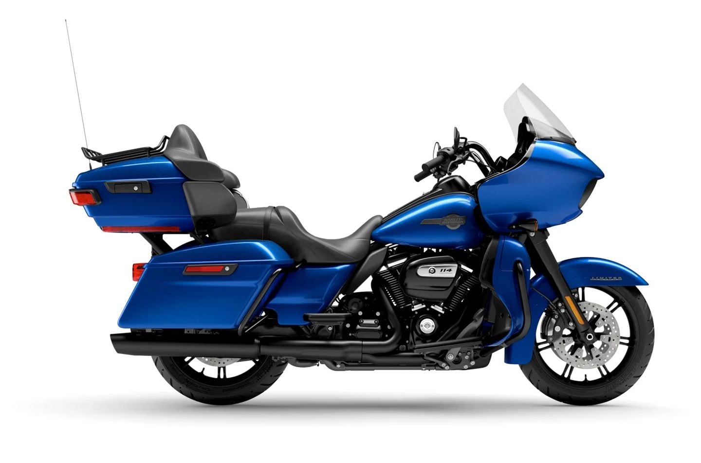 The Road Glide Limited returns for 2024 still packing the M-8 114 engine, and seeing no changes to its frame-mounted sharknose fairing—or anything else. This Blue Burst color option shown adds $1,000 to the $32,499 MSRP.
