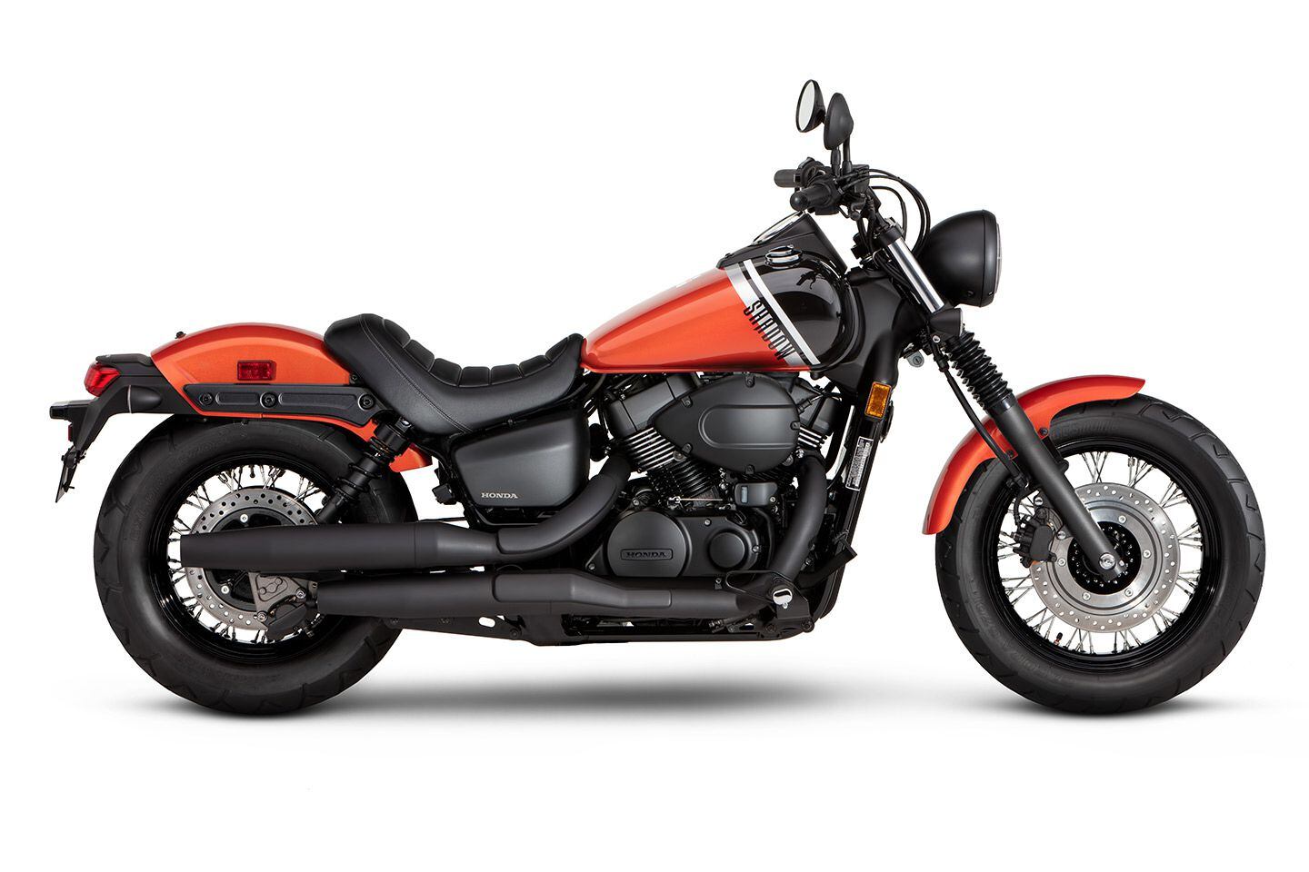 The 2024 Honda Shadow Phantom has two two-tone color options available: Deep Pearl Gray Metallic and Orange Metallic.