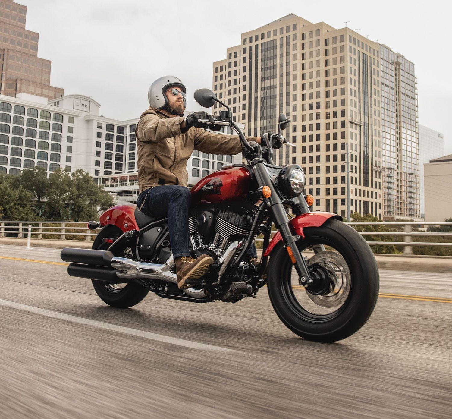 The Chief Bobber rolls on 16-inch fat tires and spoked wheels and adds a mini-ape handlebar and forward controls.