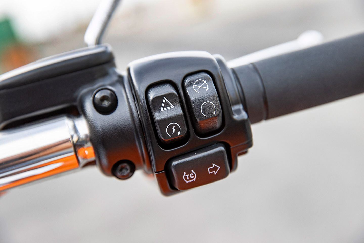 The right handlebar pod features the control toggle for the optional traction control that our bike was fitted with.
