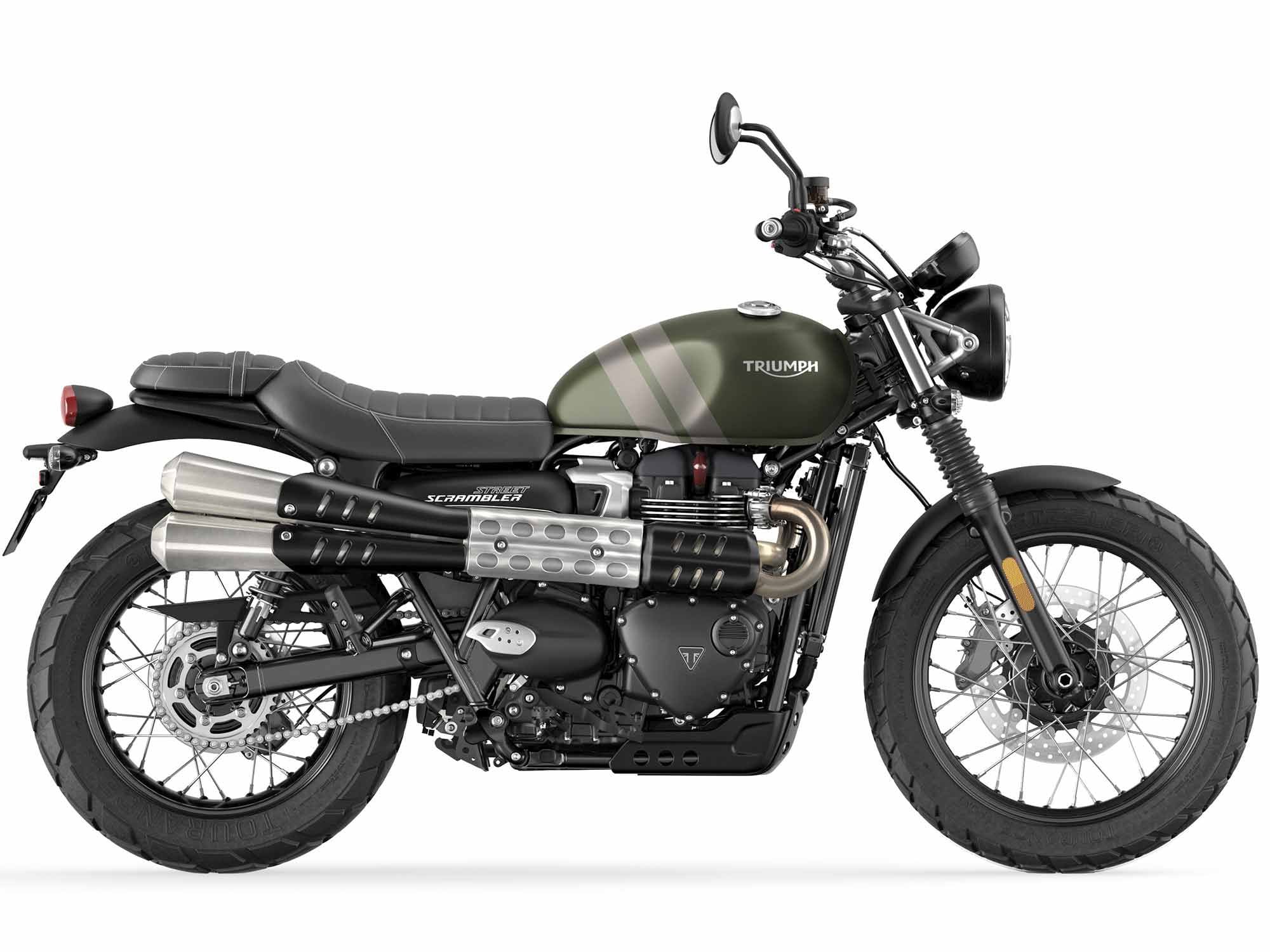 The base-model Street Scrambler can also be had in this Matt Khaki and Matt Ironstone paint scheme.