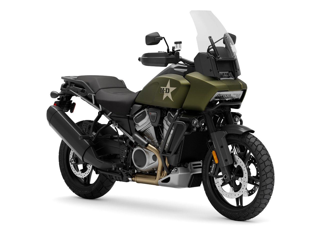 L'édition limitée Pan America 1250 Special GI reçoit un traitement de peinture Mineral Green Denim Deluxe ainsi que des graphismes d'inspiration militaire et des badges spéciaux.