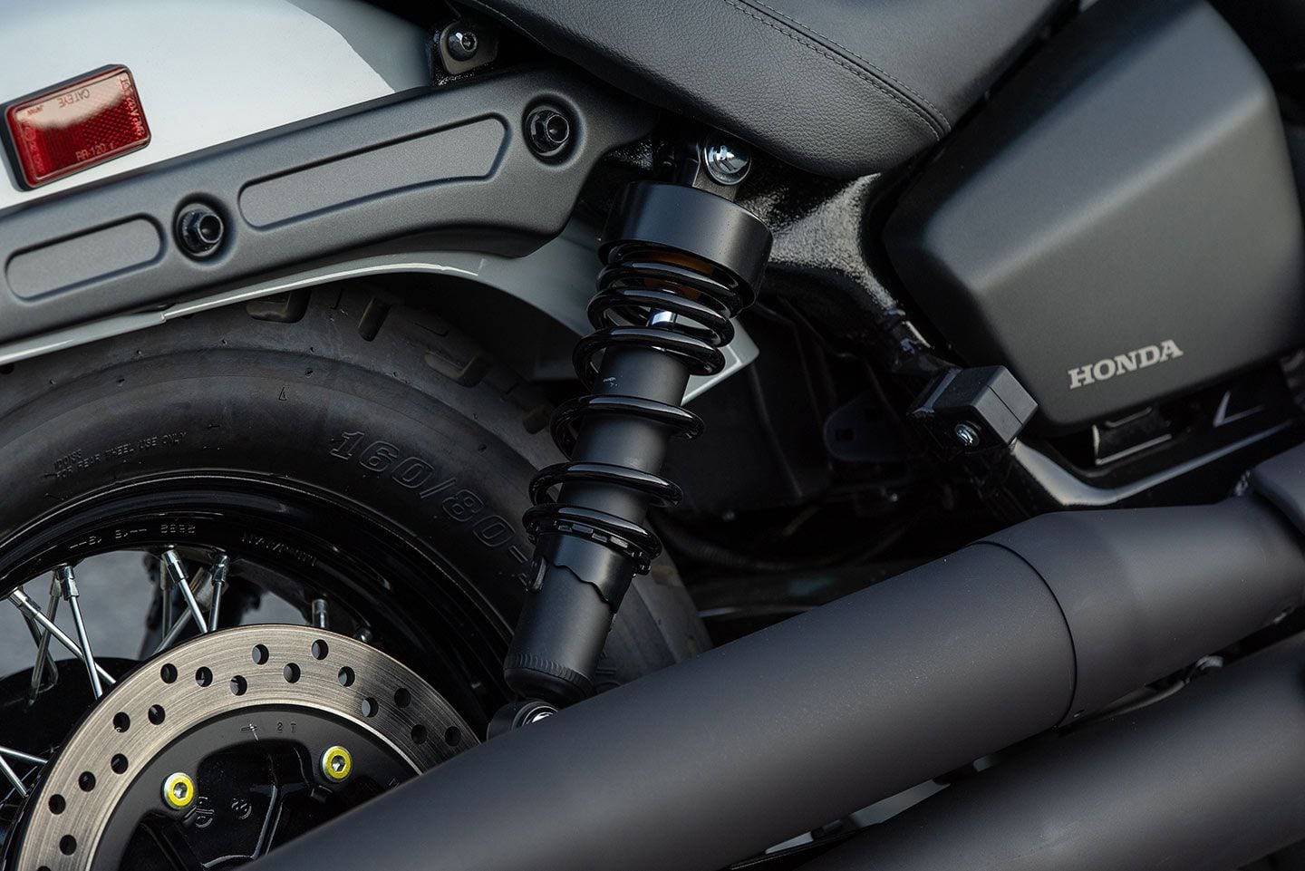 A pair of preload-adjustable shocks provide 3.5 inches of rear-wheel travel.