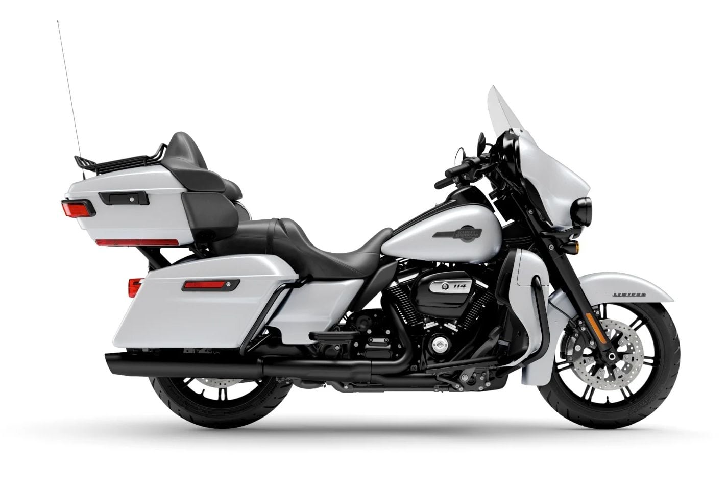 The batwing-fairinged 2024 Ultra Limited also starts at $32,499, and is available in gray, black, White Onyx Pearl (shown), Sharkskin Blue, and a two-tone red/black color scheme. Reflex Linked Brembo brakes with ABS and Tour-Pak luggage is standard.