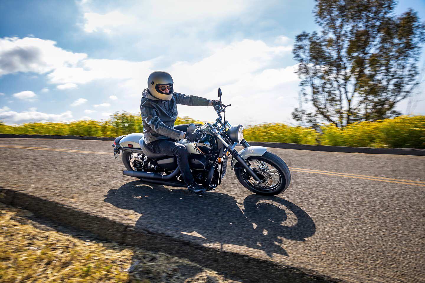 Honda pairs the 296mm front disc with a 276mm rear disc, which replaces the 180mm rear drum of last year’s Shadow Phantom.