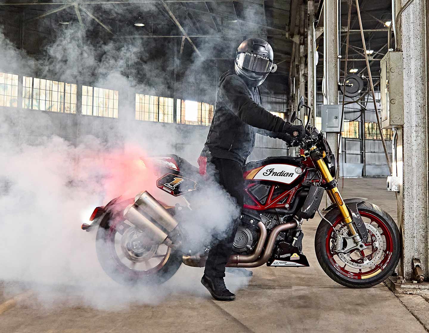 2023 Super Hooligan champ Tyler O'Hara gets smoky with the new FTR x RSD Super Hooligan bike.