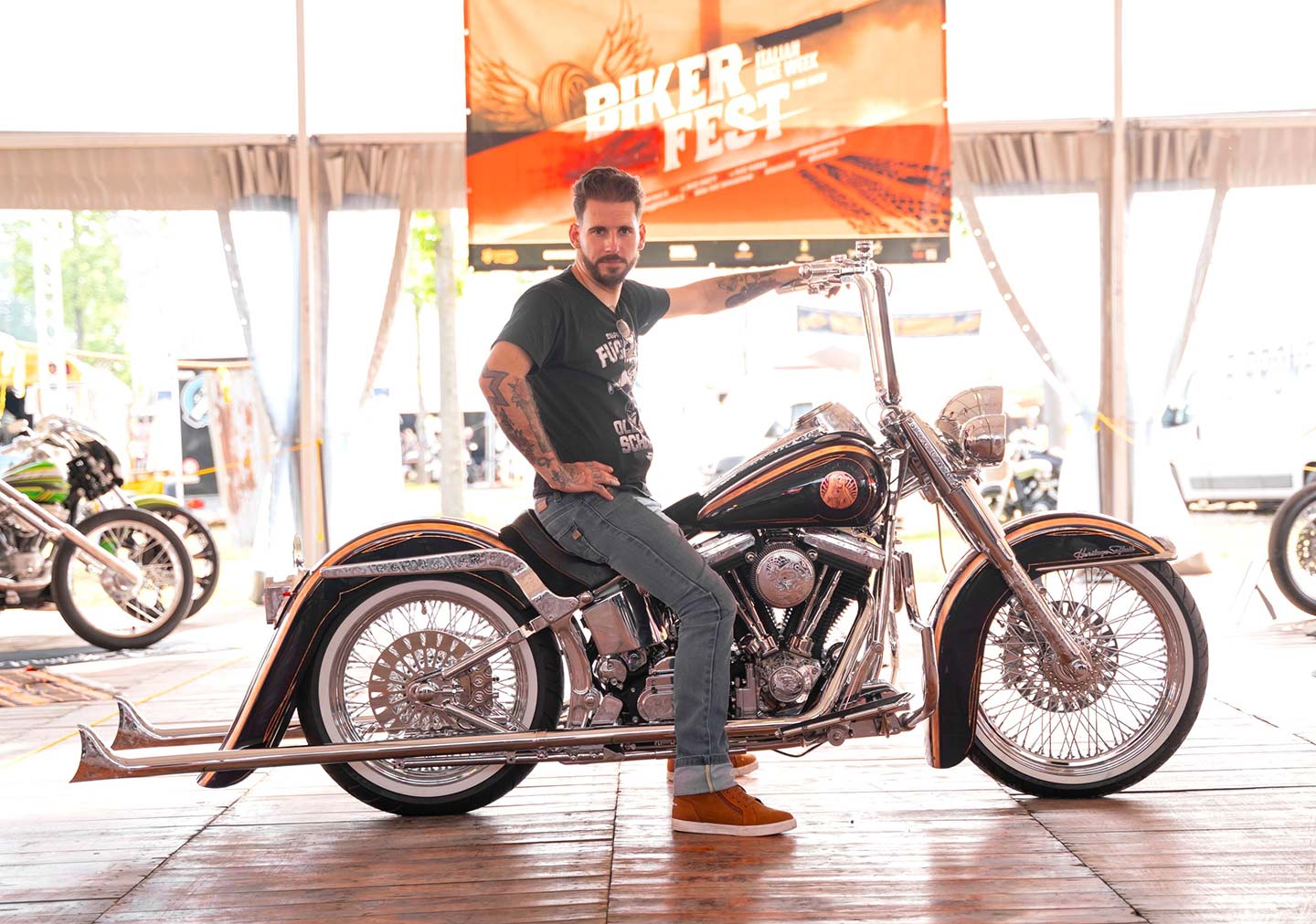 New to BFI for 2024 was the Chicano sub-show (hey, we didn't name it), dedicated to <i>viclas</i>, those rad lowriders packing chrome, flake paint, and silver leaf detailing. The most popular was this Harley-Davidson Heritage Softail from Italian workshop Rckroll-Chop.