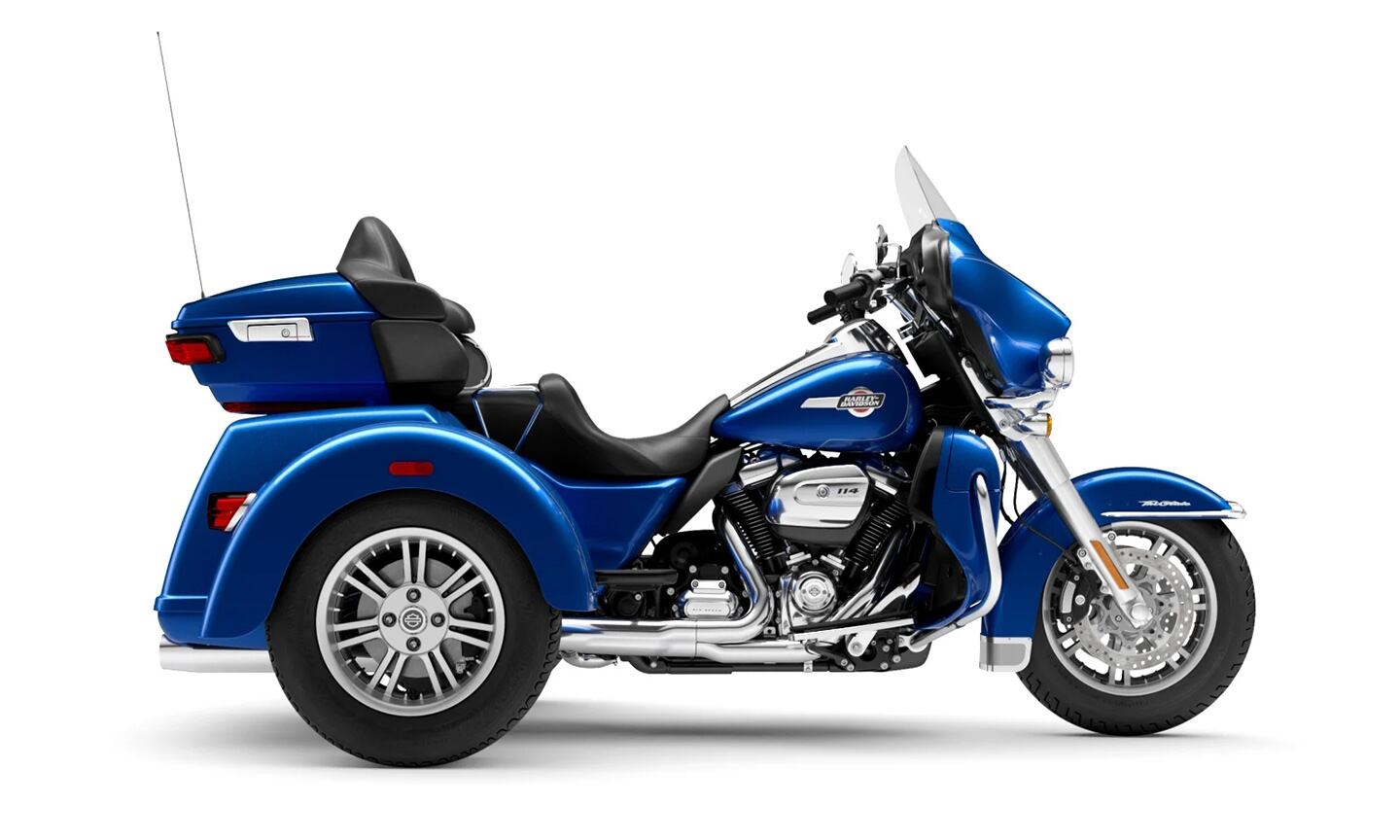 The fully loaded Tri Glide Ultra, in Blue Burst ($1,200 premium), rolls into 2024.