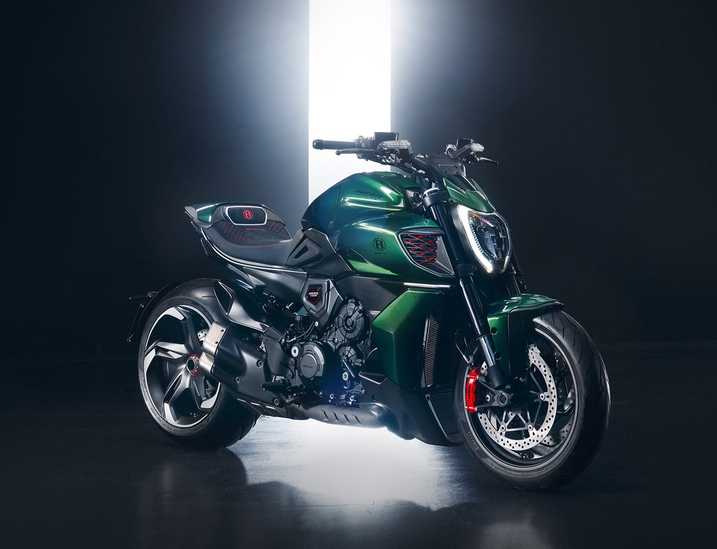 Meet the Ducati Diavel for Bentley, an exclusive Diavel V4 that integrates elements of Bentley's limited-edition Batur hypercar.