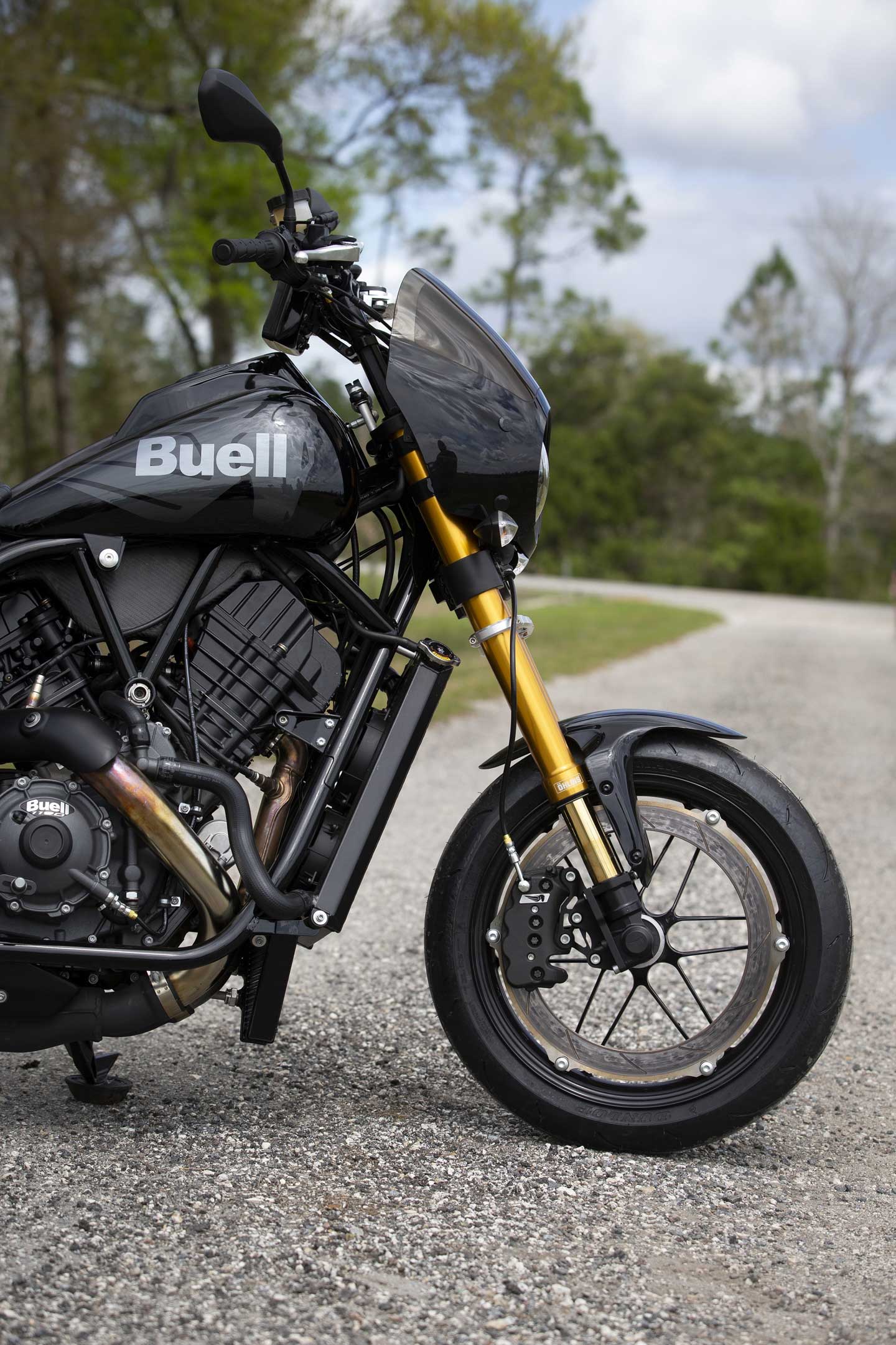 The 17-inch EBR wheels shod with sticky Dunlop rubber are fitted with Buell's signature perimeter braking system with 386mm rotor clamped by an eight-piston caliper. We had Öhlins suspension on our testbike; Buell says that's subject to change.
