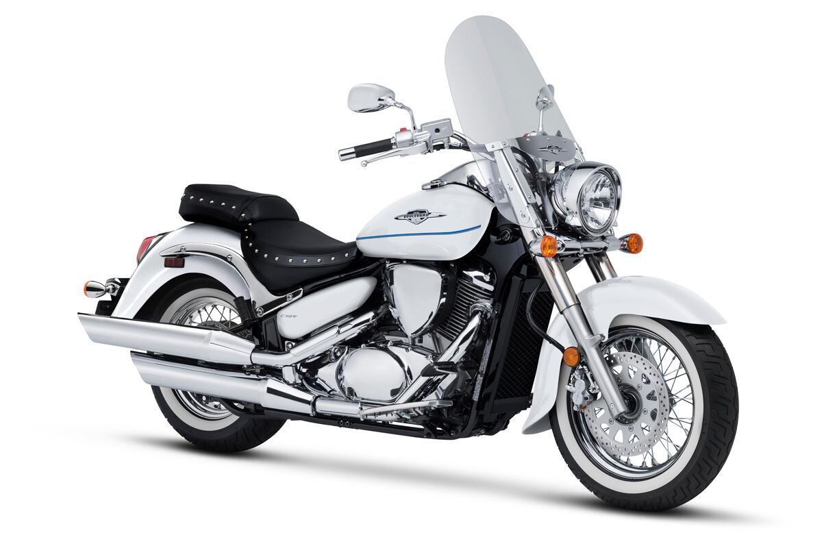 Classic cues rule the C50T, with spoked wheels wearing whitewall tires, a two-piece touring seat with studs, tall touring shield, and acres of chrome. It sees no changes this year.