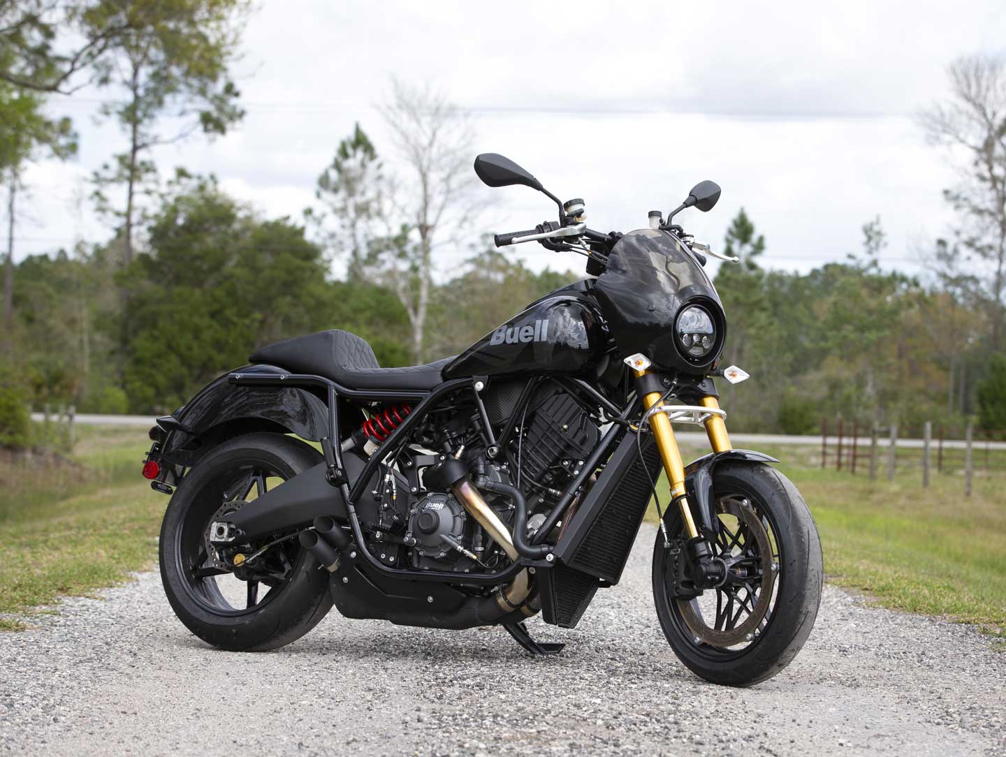 Club style meets superbike? Tall handlebars, mini-fairing, and one-piece saddle take their cues from Harley's long-gone FXR.