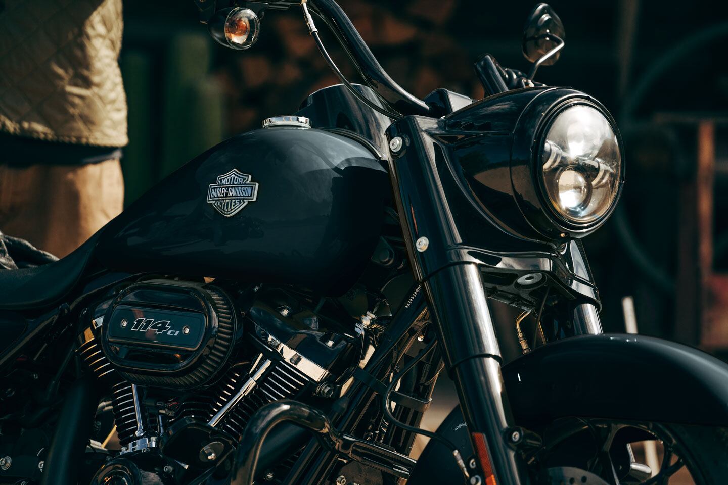 The Road King's low rear suspension, stretched-out silhouette, and mini-ape handlebars give it what H-D calls a hot-rod aesthetic.