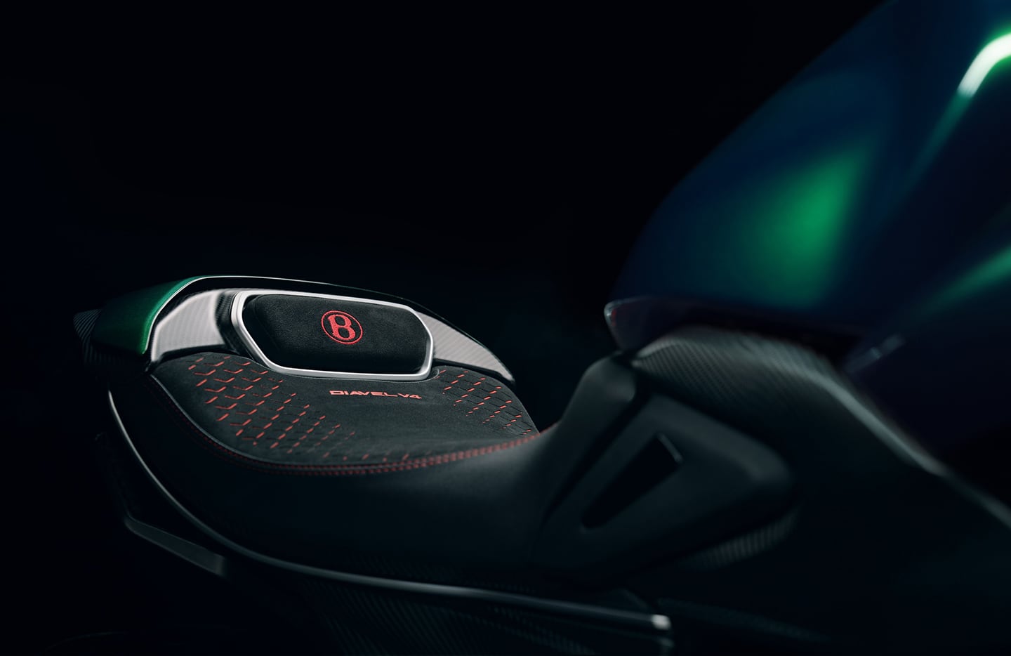 The Alcantara seat mimics the design, look, and texture of the Batur's seats. Of course there's an embroidered Bentley logo on it in case you forget.