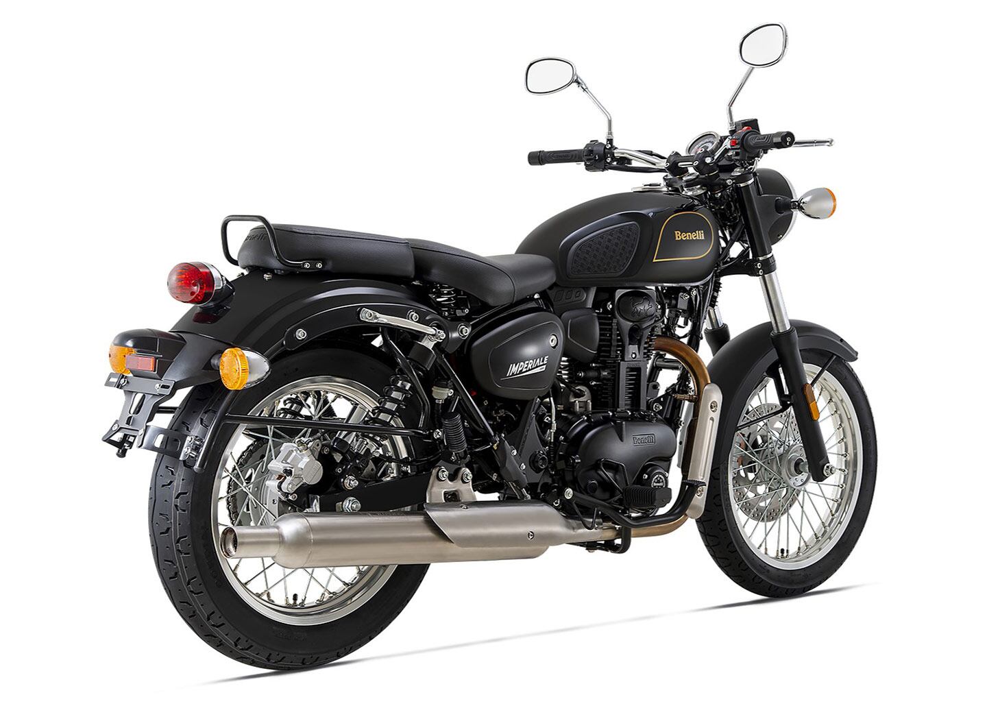 The current Imperiale's retro vibe channels the Benelli-Motobi Imperiale models of the 1950s, with wire-spoked wheels, tank pads, exposed dual shocks, and bulb indicators.