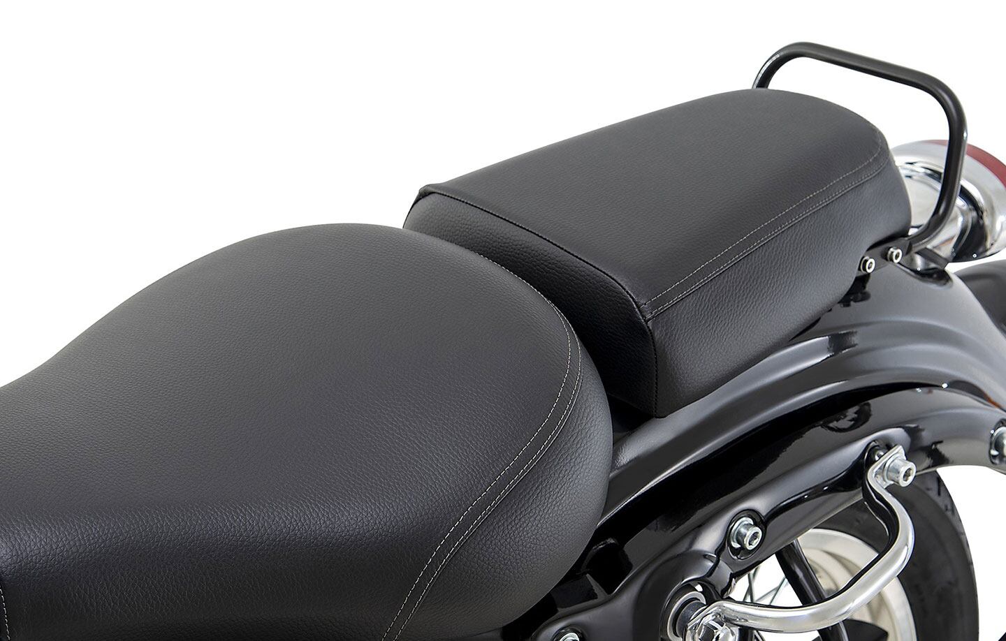 The split seat layout features a sprung rider's portion and a distinct, nicely padded passenger area. Rear and side grab rails are a nice touch.