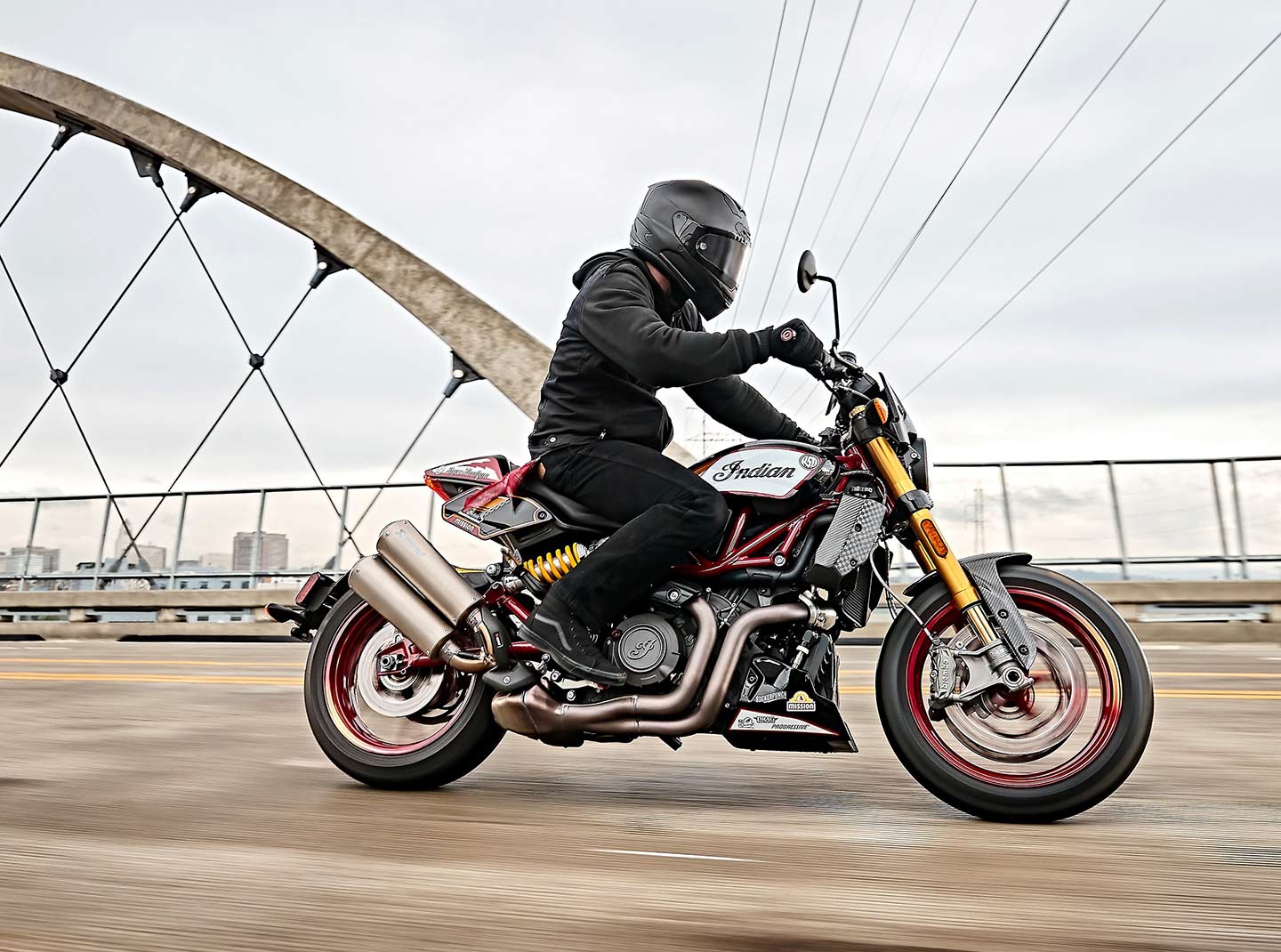 O'Hara takes another spin on the 2024 FTR x RSD Super Hooligan in downtown Los Angeles.