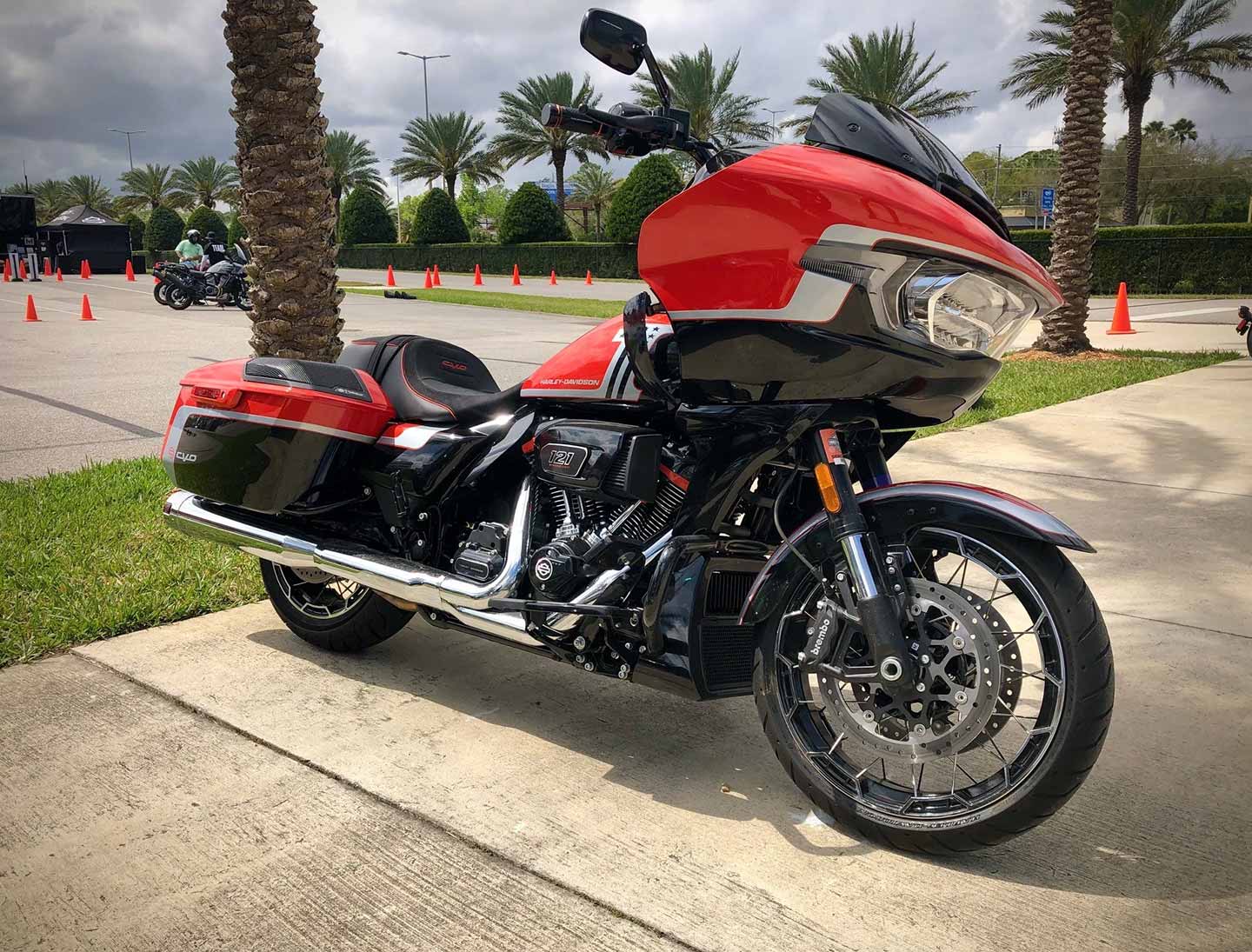 Checking out some of the new bikes in the Harley demo area, including this burly 2024 CVO Road Glide with the Milwaukee-Eight VVT 121 engine featuring variable valve timing (VVT).