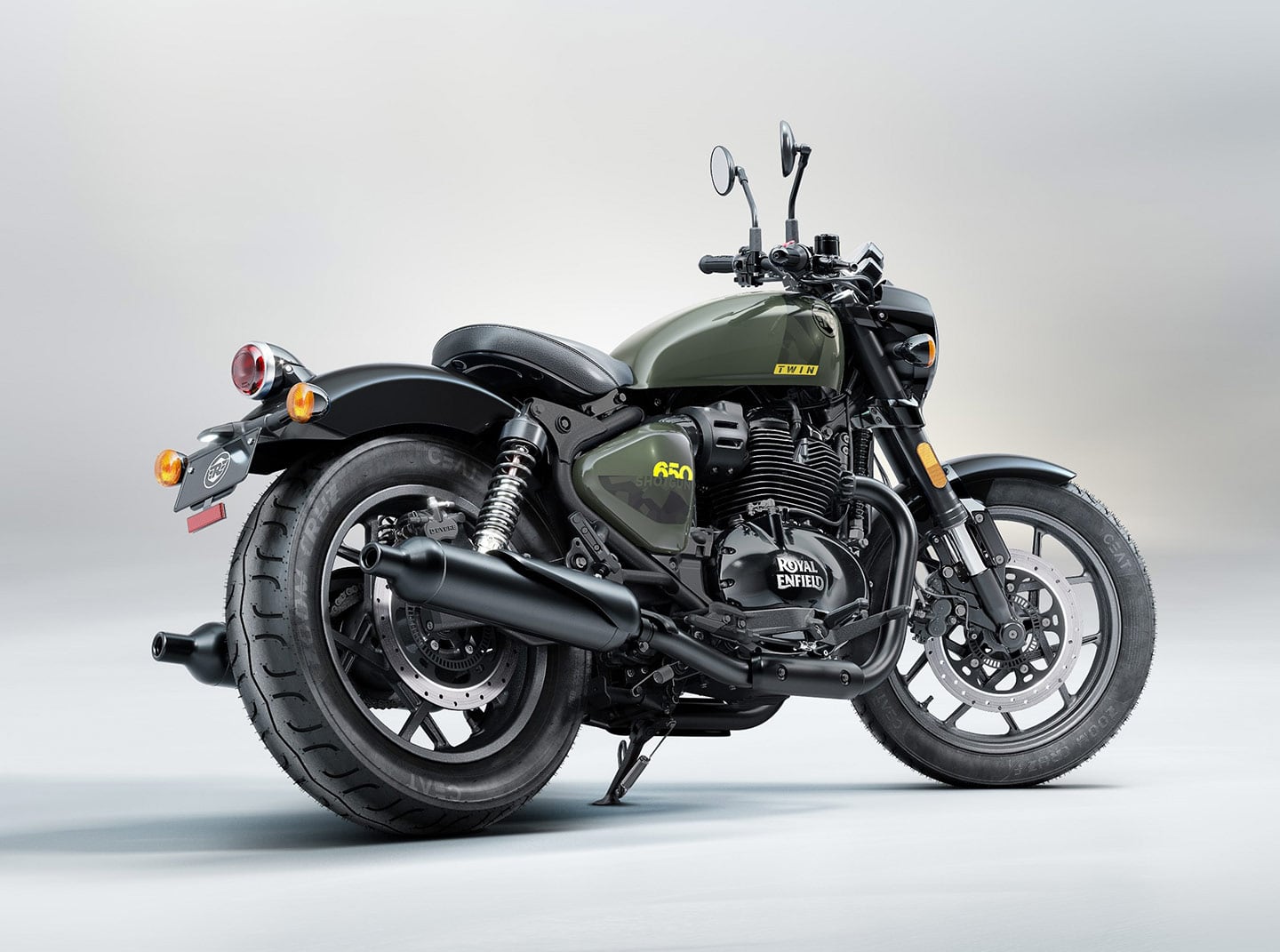 The Shotgun's rear shocks are taller than the Super Meteor's as is the seat height. (The bike comes stock with a rear passenger pad.)