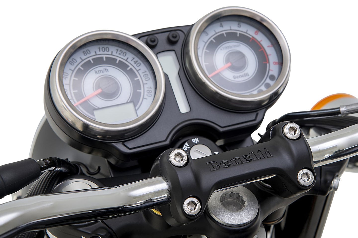 Analog clocks are arranged in a circular twin pod layout—and even have a rev counter (Enfield, are you listening?).