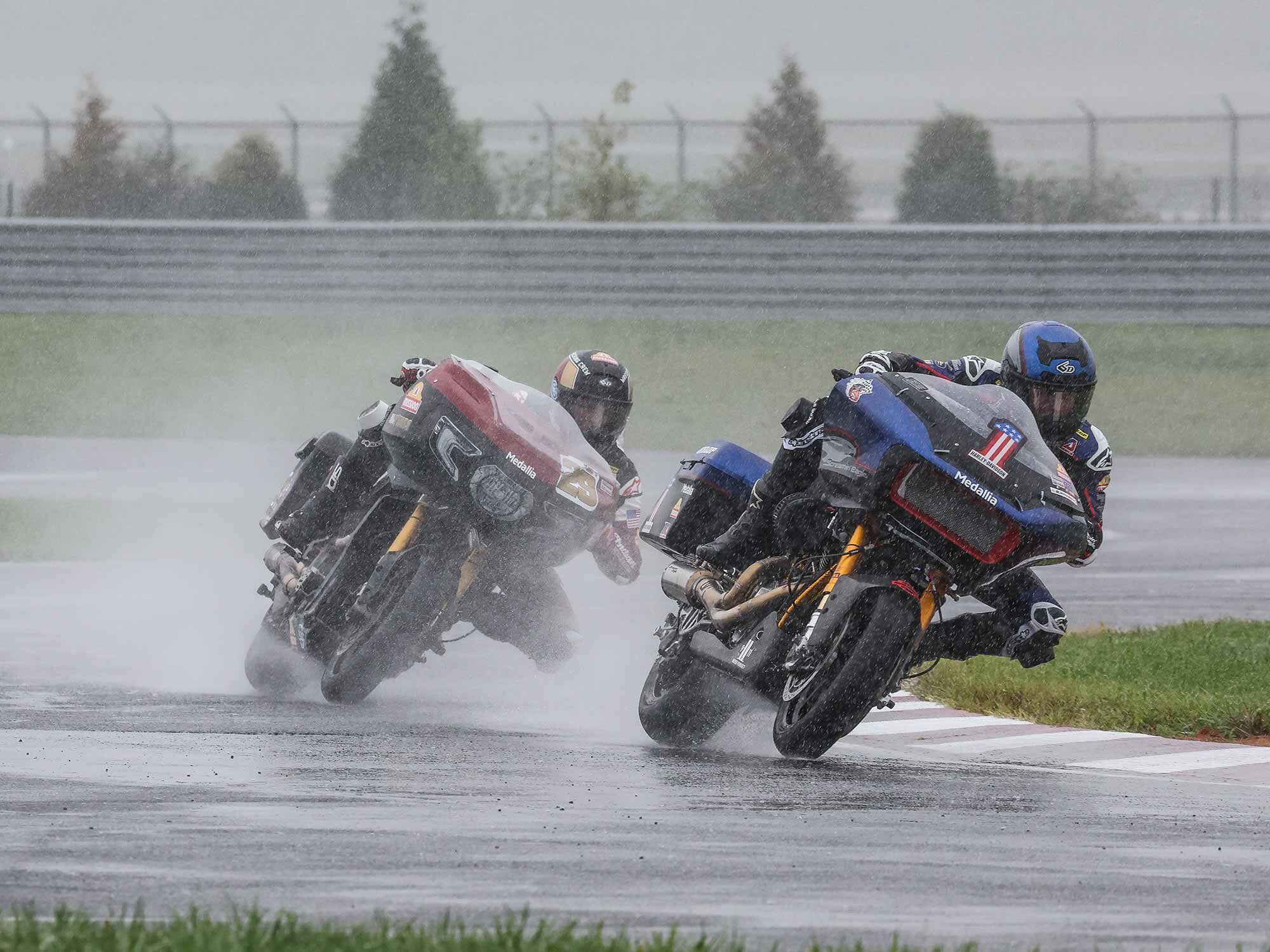 Defending champ Kyle Wyman won his third King of the Baggers race for Harley-Davidson, with Indian’s Tyler O’Hara right on his tail.